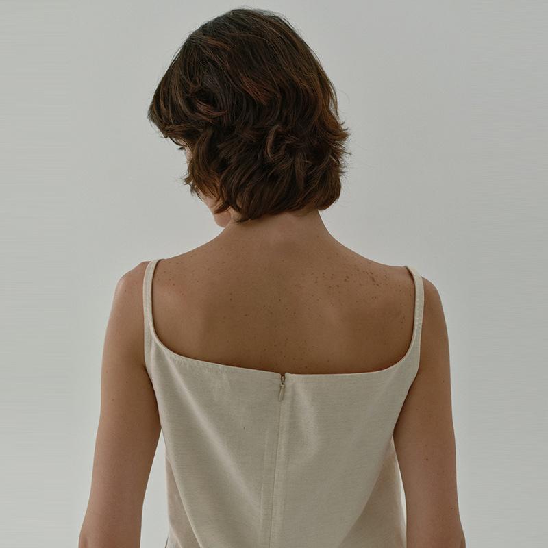 Summer new cotton and linen sling vest French casual sleeveless loose and comfortable zipper top, square neck shirt outside