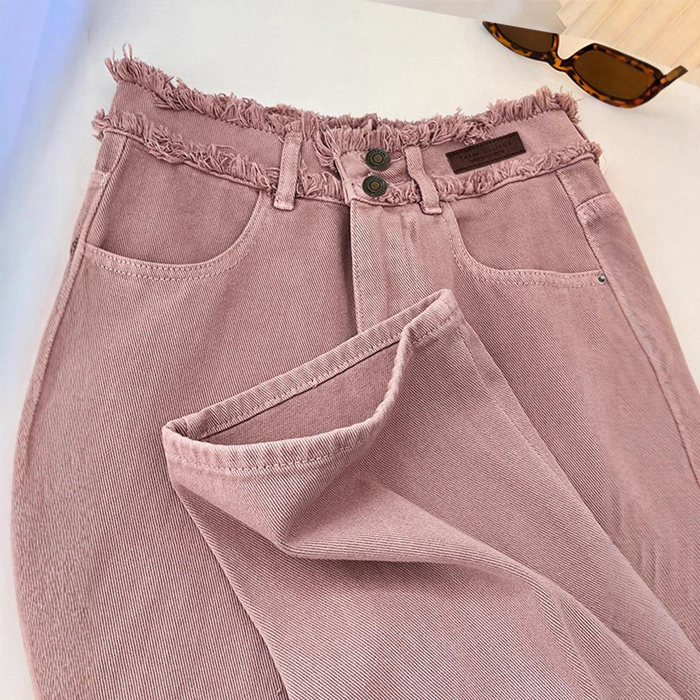 Rough Edge Pink Wide-leg Jeans Women's Summer Versatile Straight Loose Thin Long Pants Trendy Dusty Pink Straight-leg Jeans, High-waisted Casual Pants