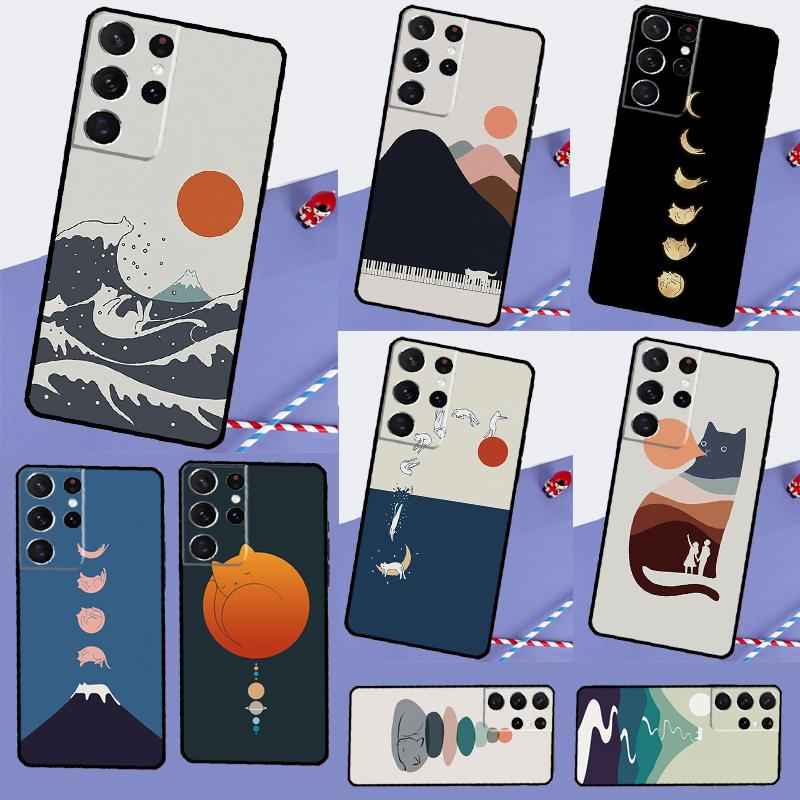 Cat Mount Fuji Japan Wave Landscape Phone Case For Samsung Galaxy S24 Ultra S9 S10 S20 S21 S22 S23 S25 Plus S24 FE Back Cover