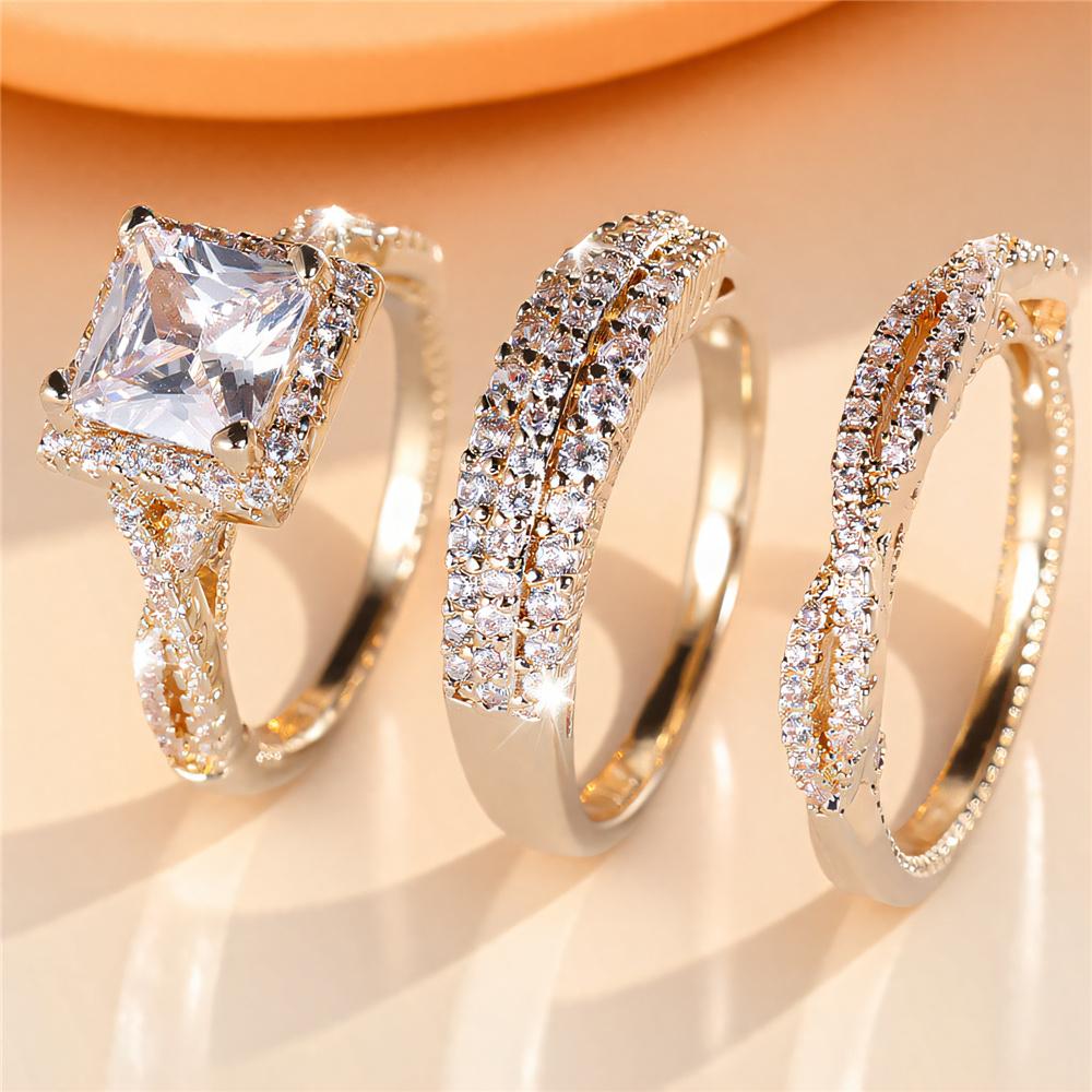 Crystal Female White Zircon Ring Set Fashion Vintage Gold Color Bridal Wedding Engagement Jewelry For Women
