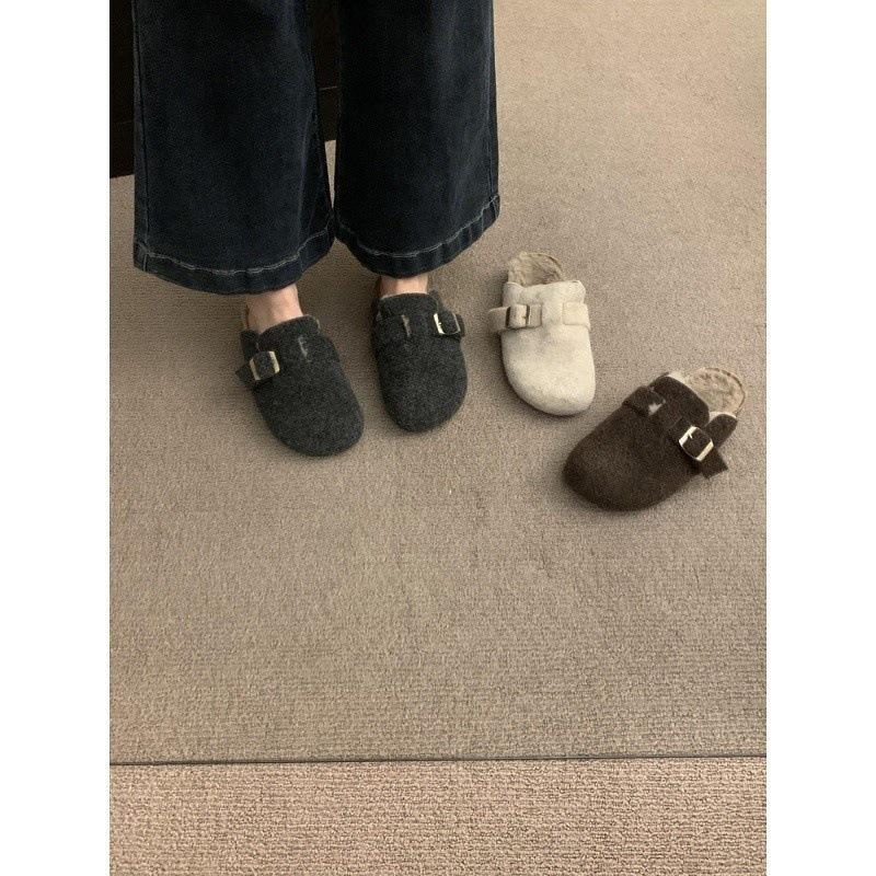 thick-soled velvet half-tow Birkenstocks, fluffy shoes, warm slippers outside shoes, cotton shoes, loafers, single shoes