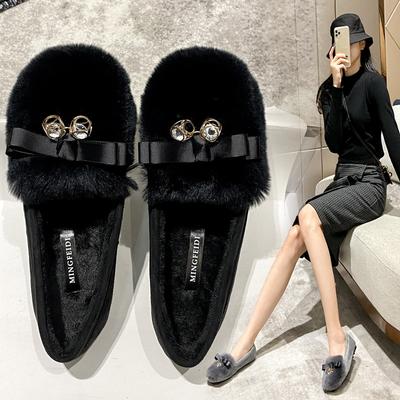 Mode Luxus Kristall Schleife Pelzschuhe Damen bequem warm Plüsch Slipper Frau pelzige Ballerinas Winter Kaschmir Mokassins große Größe 40-43