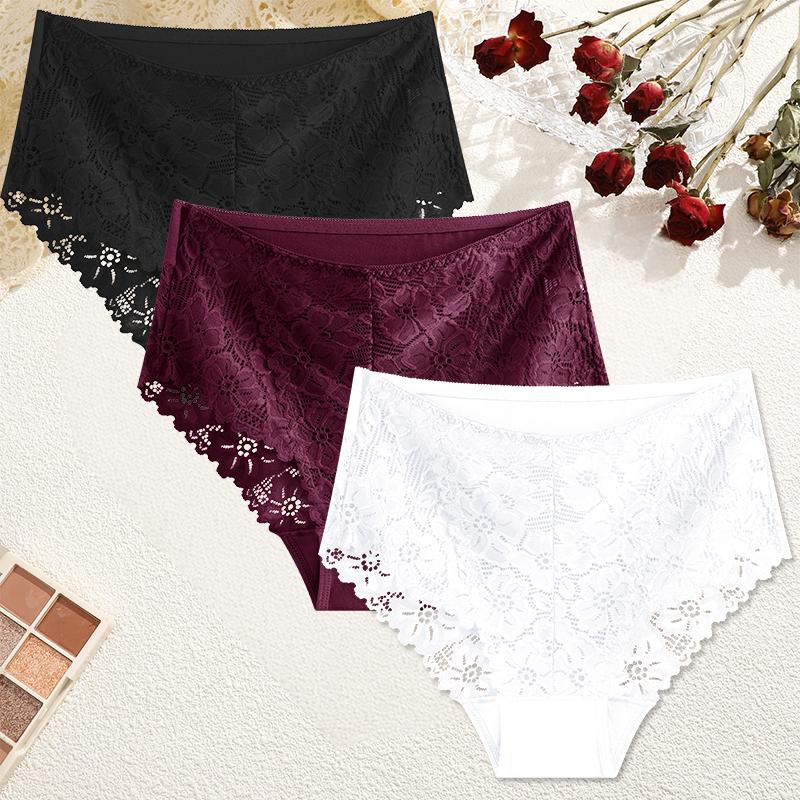FINETOO 3 Pezzi Mutandine da Donna a Vita Media in Pizzo Sexy Colore Unito Rifiniture in Pizzo Biancheria Intima Femminile Lusso Svuotate Slip Comodi Traspiranti Lingerie