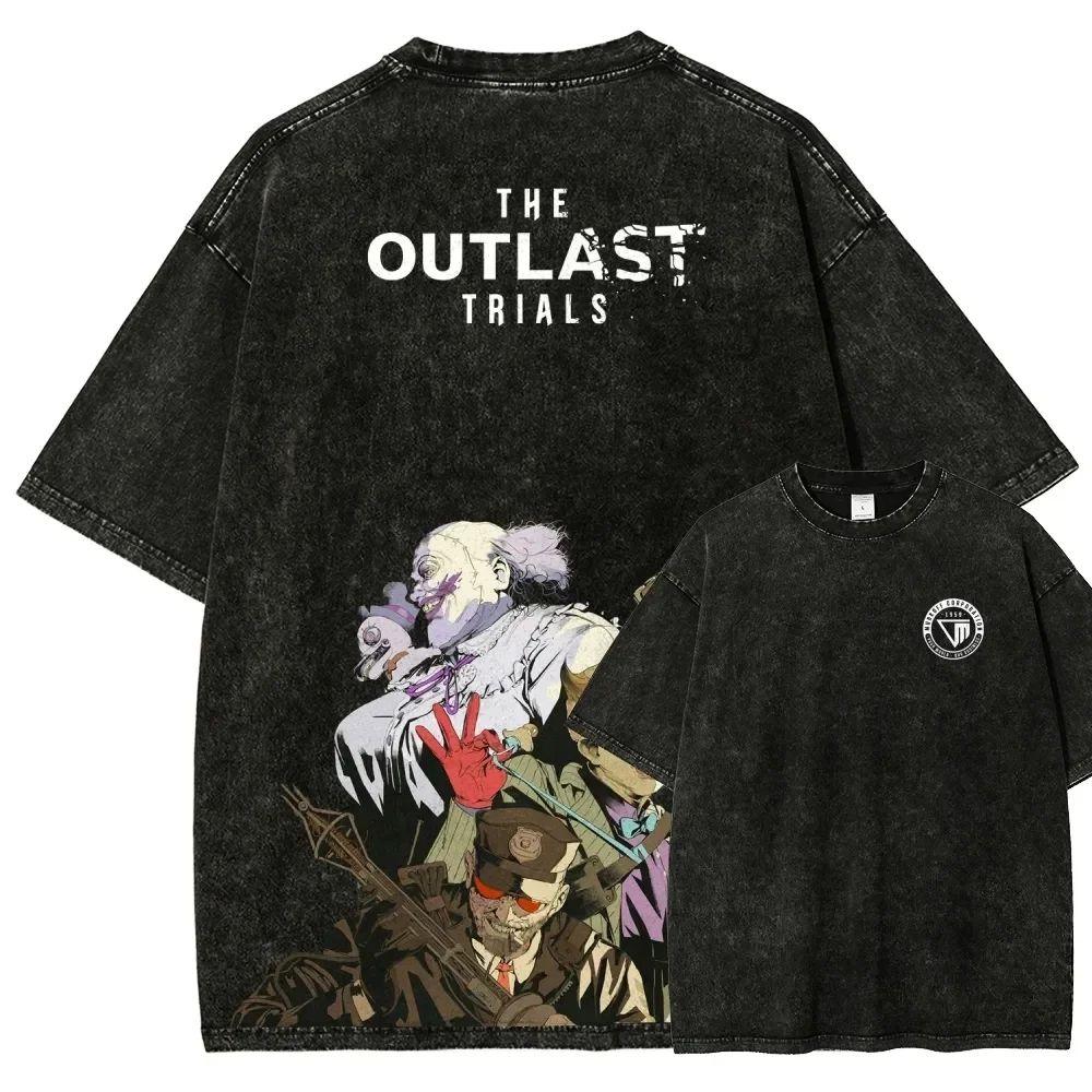 Das Outlast Trials T-Shirt Vintage-Waschung Horror-Spiel Grafik Unisex Oversized Rundhals Baumwolle Kurzarm T-Shirt Tops Heißer Verkauf