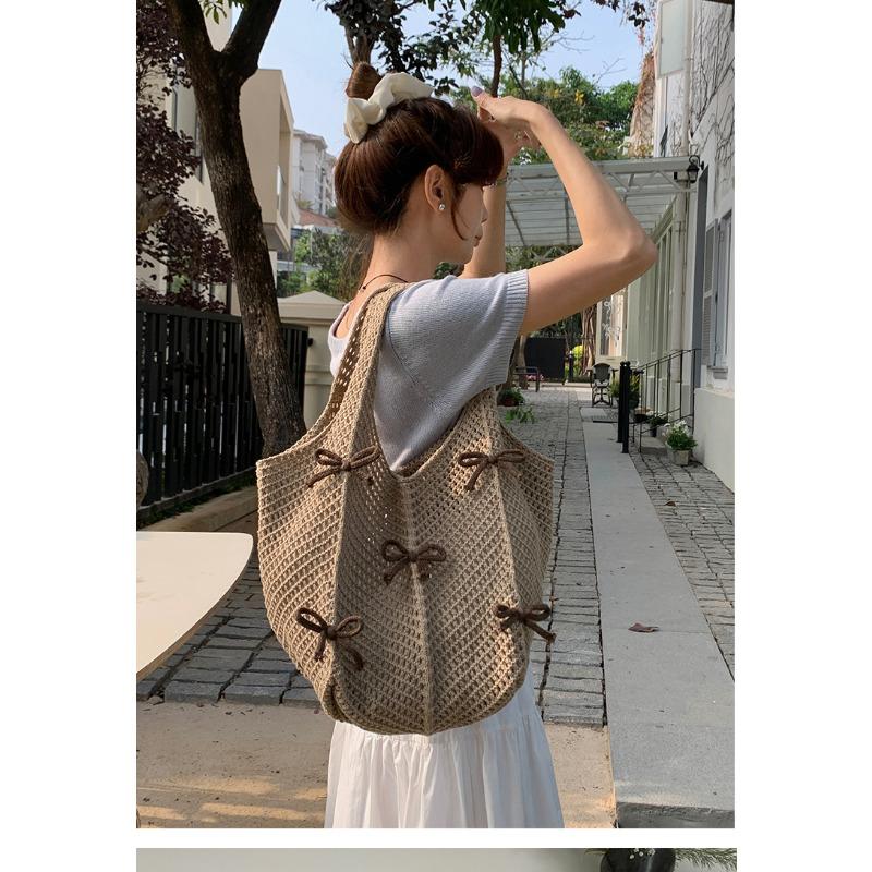 Retro Polyester Knit Tote Bag for Women Bow Woven Shoulder Handbag KTB