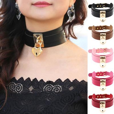 Exaggerated European-American Style PU Leather Double-Layer Heart Lock Necklace Collar
