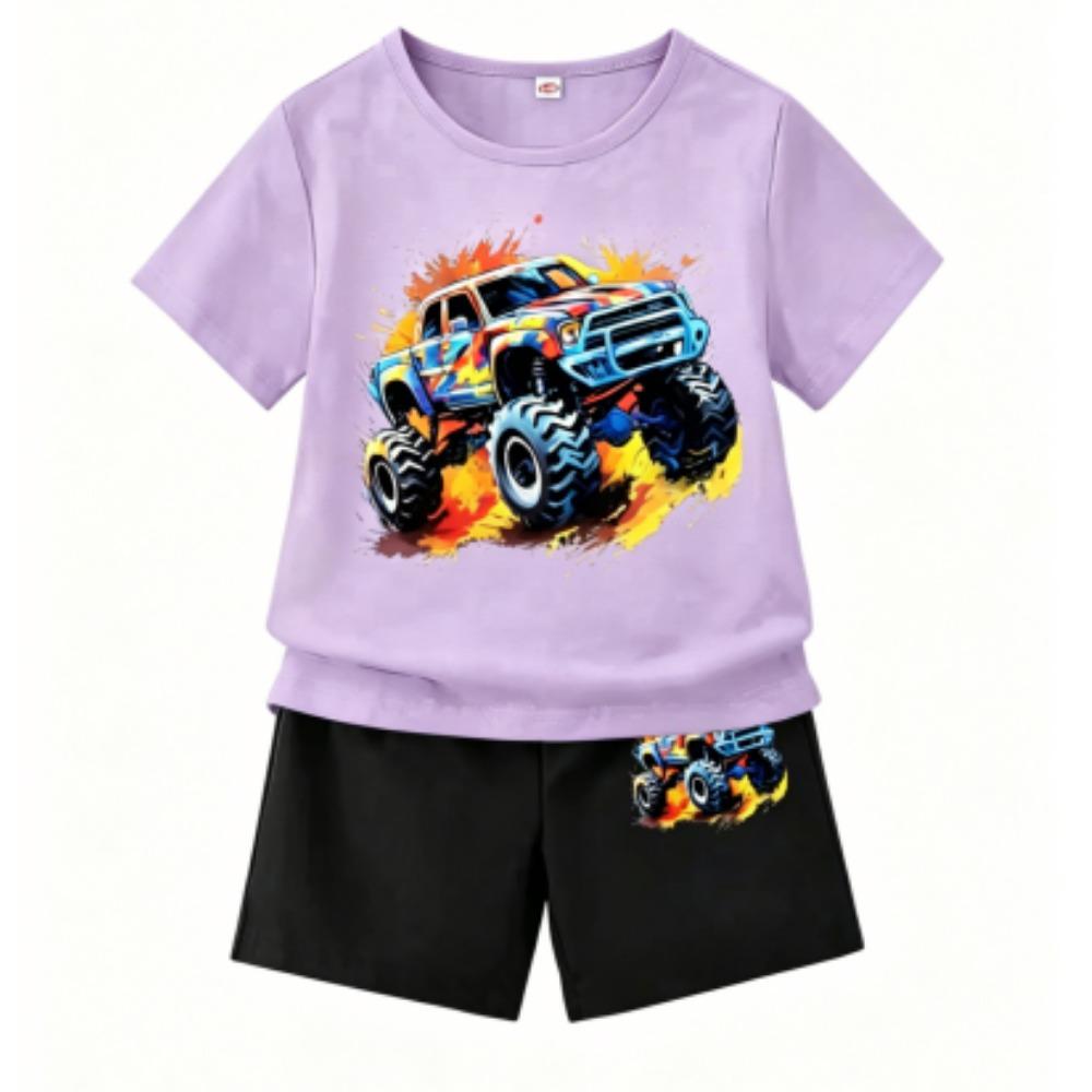Cartoon Car Print Outdoor Street Kids T-shirt and Shorts Summer Home Casual Outfit Boy and Girl's Sports Set