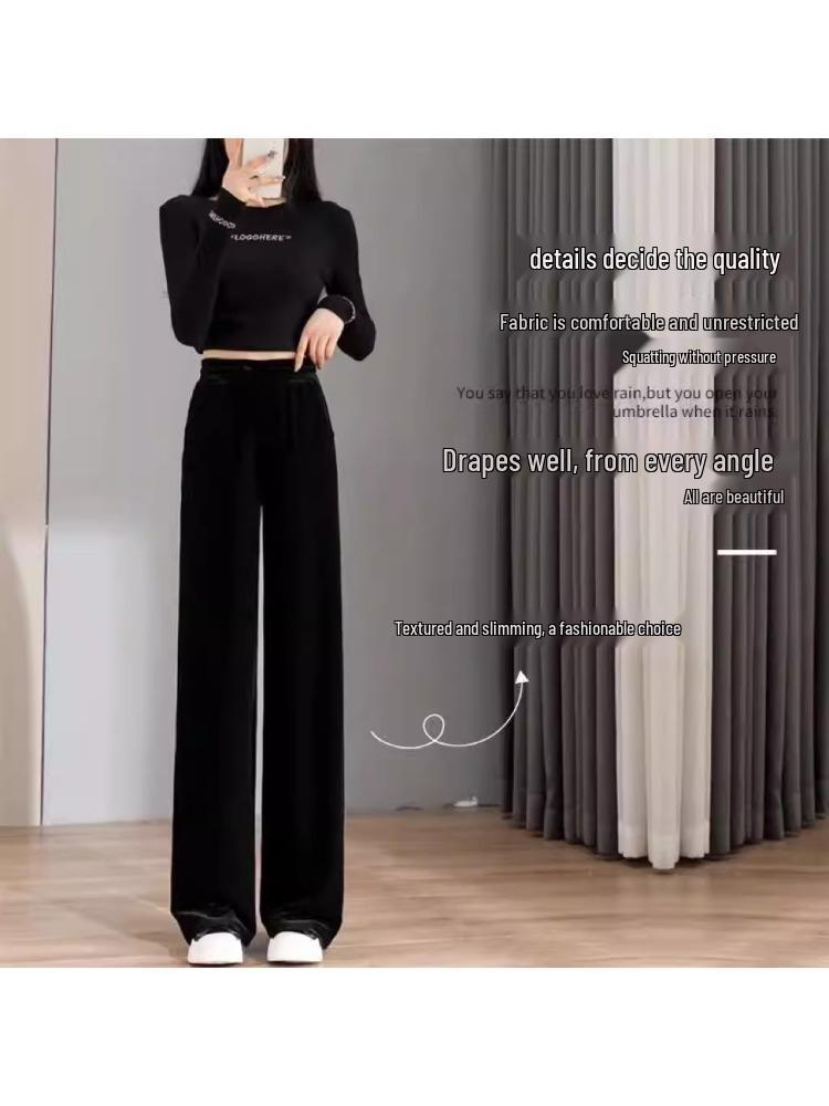 Women's Gold Velvet Wide-Leg Pants - Autumn/Winter 2025 High-Waisted, Plus Size, Elegant Drape Style
