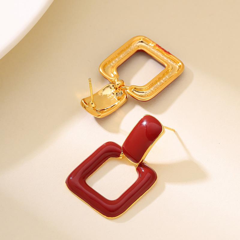 French elegance temperament small fragrant bride festive red dripping geometric square earrings exquisite high-end earrings