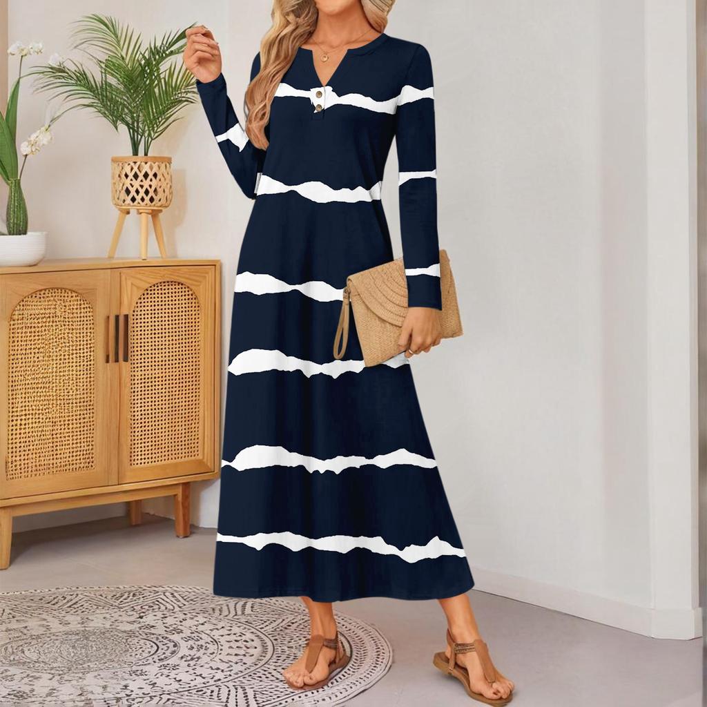 Rochie confortabilă largă cu mânecă lungă, cu imprimeu retro pentru femei, rochie elegantă