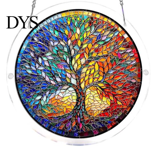 Stained Glass Puzzle Round Acrylic Suncatcher Puzzle, UV Printed Window Hanging Decor Educational Game 7.48 Inch DIY Craft Light Catcher Ornament for