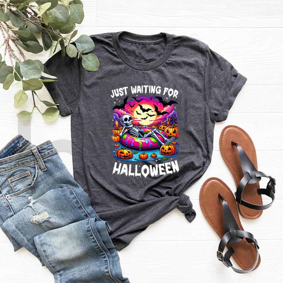 Футболка Just Waiting for Halloween Футболка со скелетом Забавные жуткие футболки со скелетом на Хэллоуин Футболки с коротким рукавом Винтажные футболки XXL темно серый 980₽