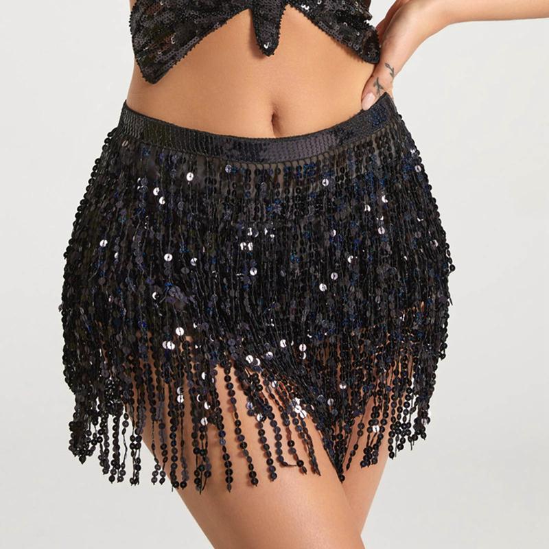 Latin Dance Hula Short Skirt Dress Stage Carnival Party Performance Hip Scarf Three-Layer Tassel Belly Dance Sequins Waist Chain