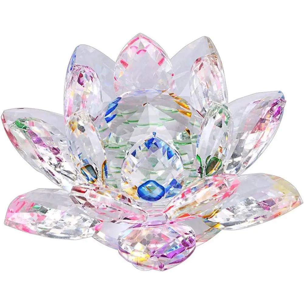 Hue Reflection Crystal Lotus Flower 3 Foots Sturdy Glass Lotus Feng Shui Decor Lucky Charm Anti-slip Crystal Flower Figurine