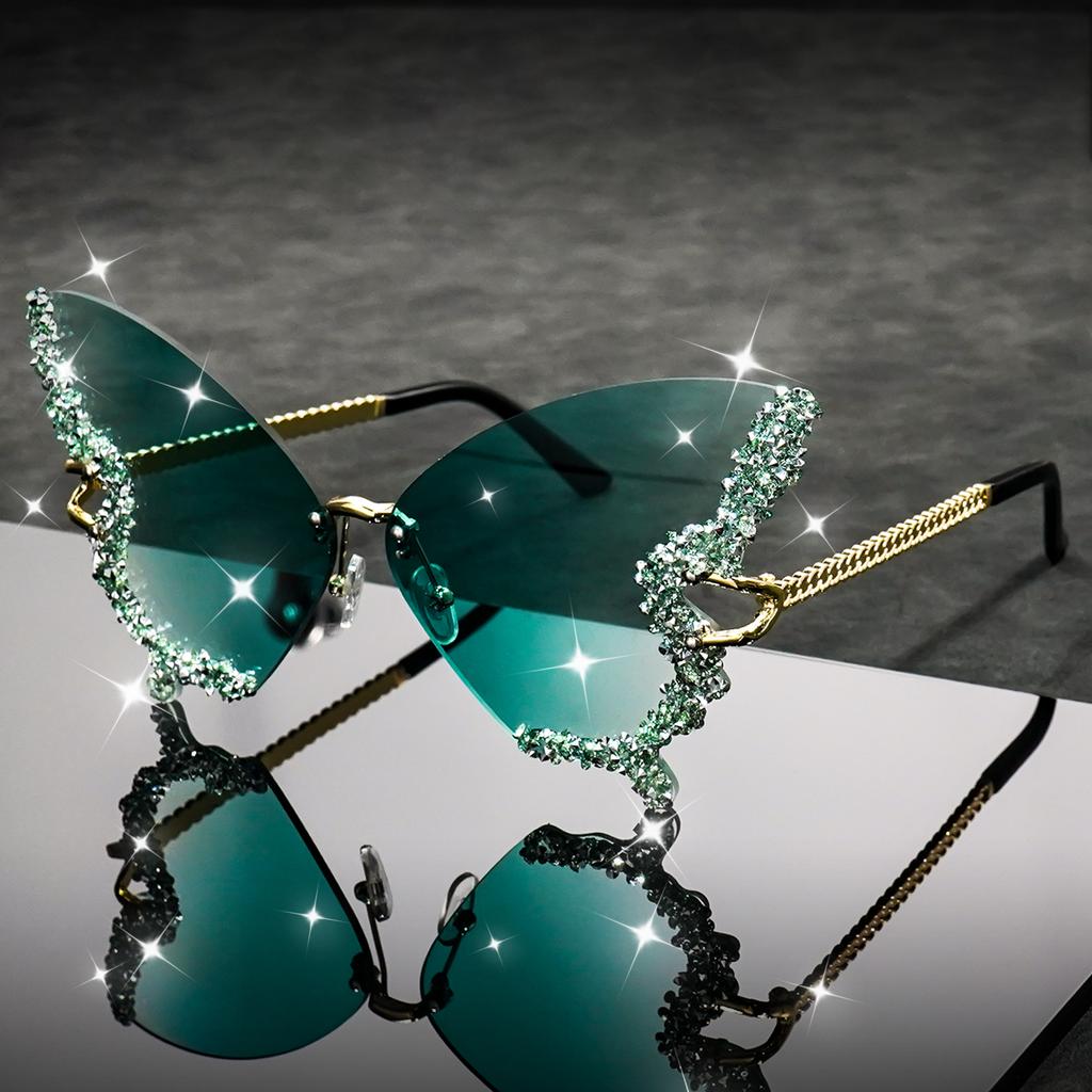 Butterfly Rimless Stylish Sunglasses for Women Men Bling Rhinestone Gradient Tint Decorative Eyeglasses for Costume Party