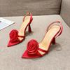 Size 35-41 Sexy Slingback Sandals Women Back Strap High Heels Shoes Summer Fashion Silk Flower Pointed Toe Wedding Prom Shoes