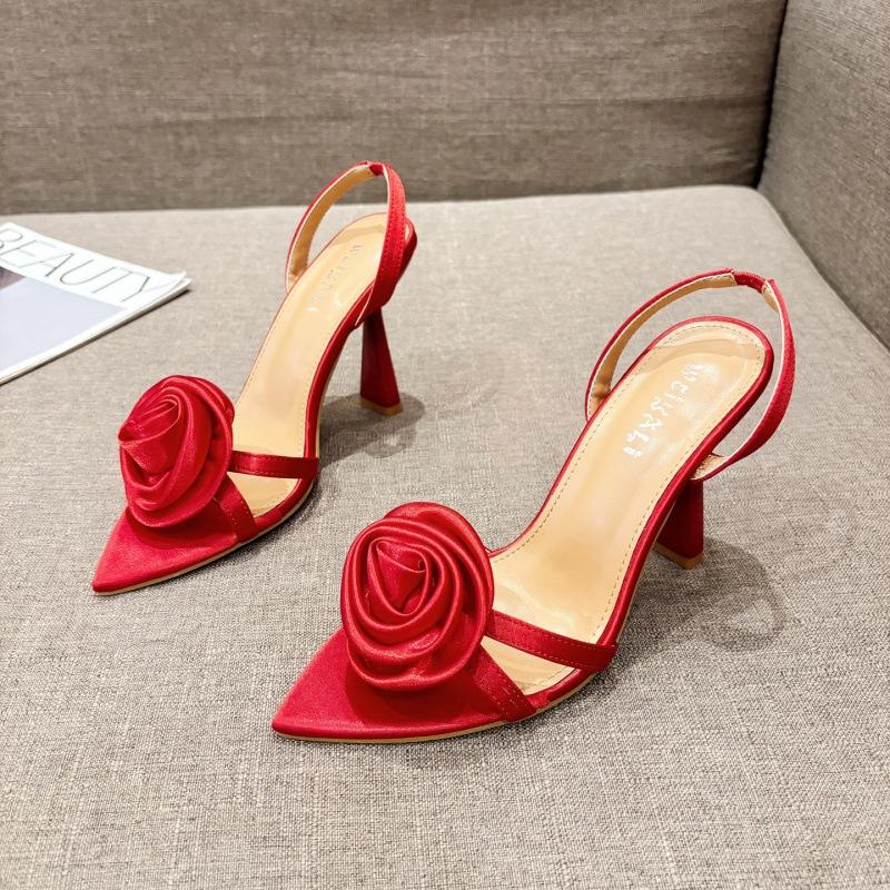 Size 35-41 Sexy Slingback Sandals Women Back Strap High Heels Shoes Summer Fashion Silk Flower Pointed Toe Wedding Prom Shoes