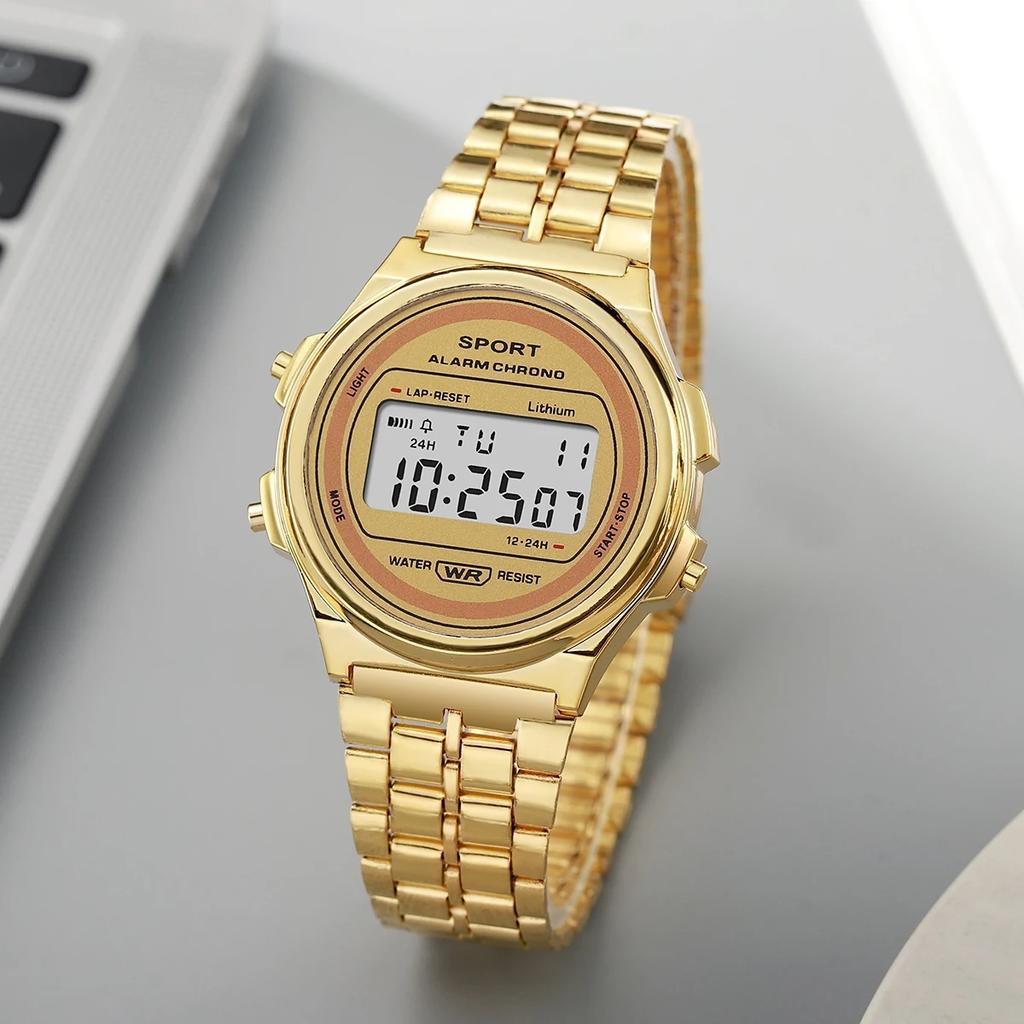 Women Casual LED Electronic Watch Retro Stainless Steel Men Women Unisex LED Digital Watch Multifunction Waterproof Wristwatch