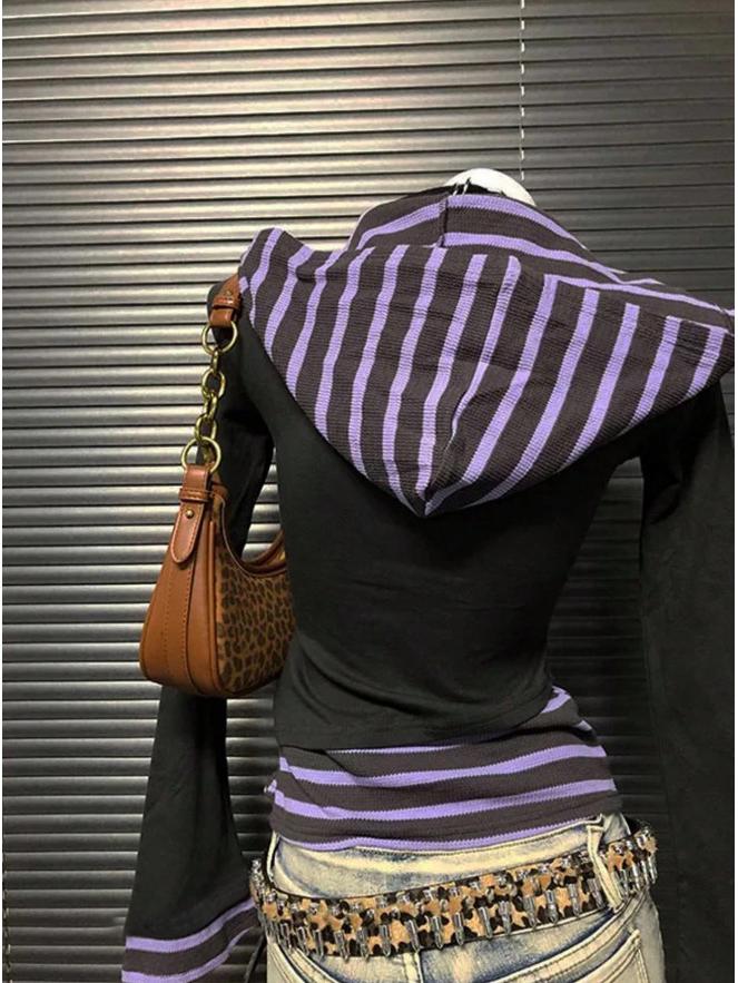 American Street Style Women's Slimming Faux Two-Piece Long-Sleeve Hoodie with Patchwork Stripes