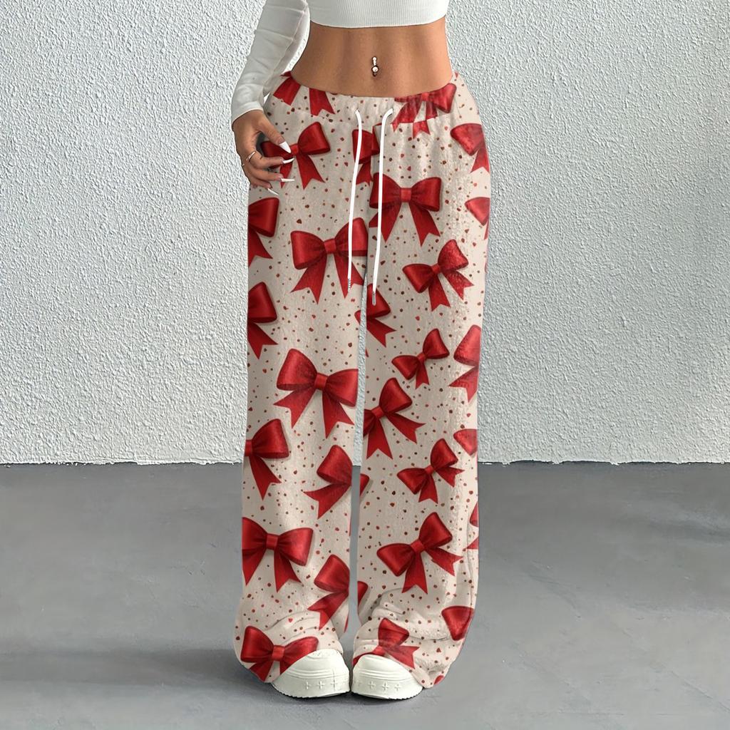 Women's Casual Fashion Printed Elastic Waist Loose Straight Leg Pants With Rope