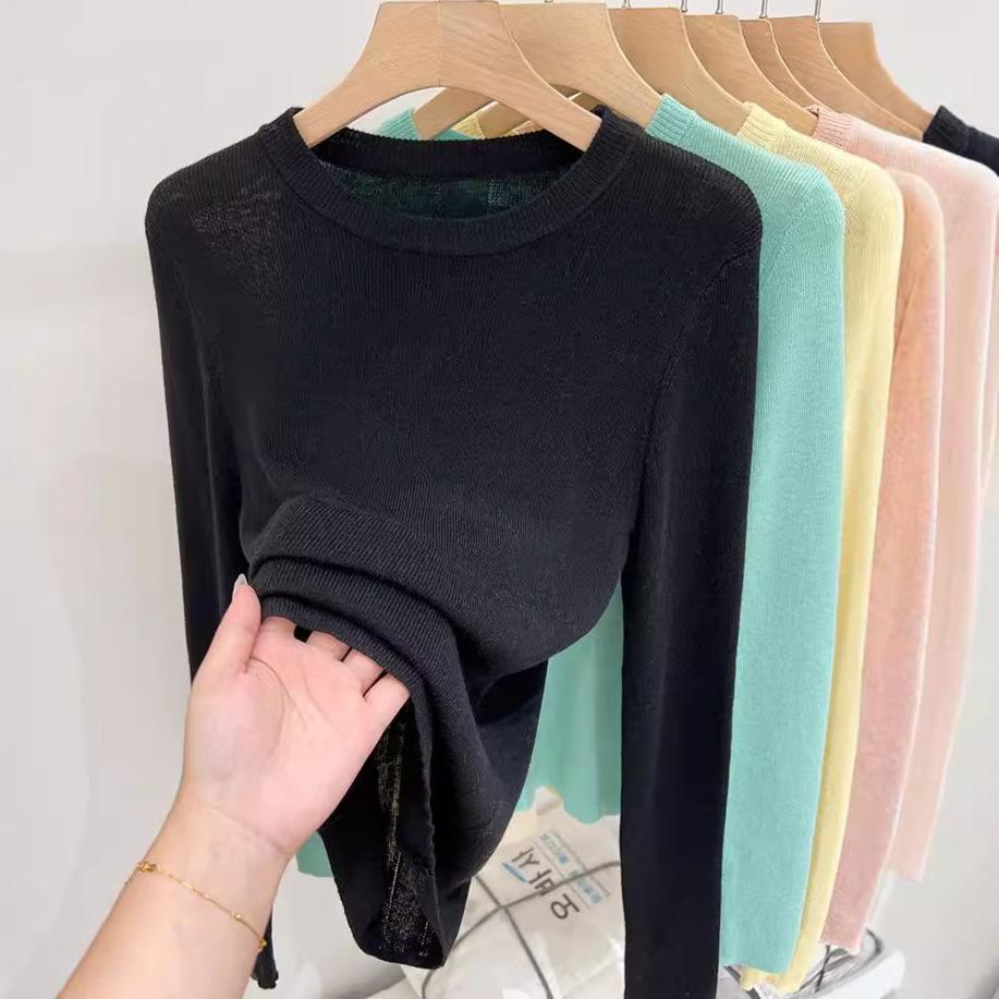 Women's Round Neck Long Sleeve Knit Top Slim Fit Solid Color Basic Thin Layering Shirt Elegant Casual Blouse
