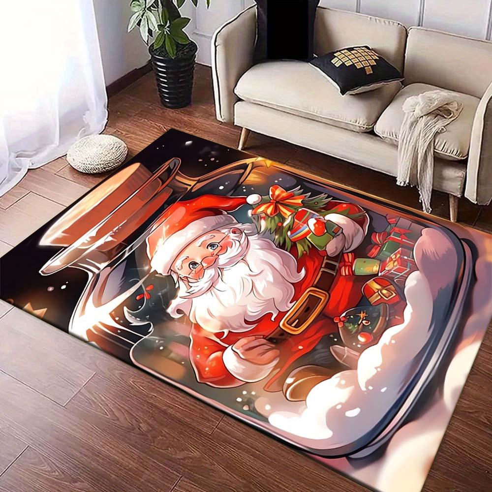 1pc Christmas Themed Rug, Santa Claus in A Jar Print, Bedside Carpet, Non slip Laundry Room Mat, Machine Washable Water Absorbing Entrance D