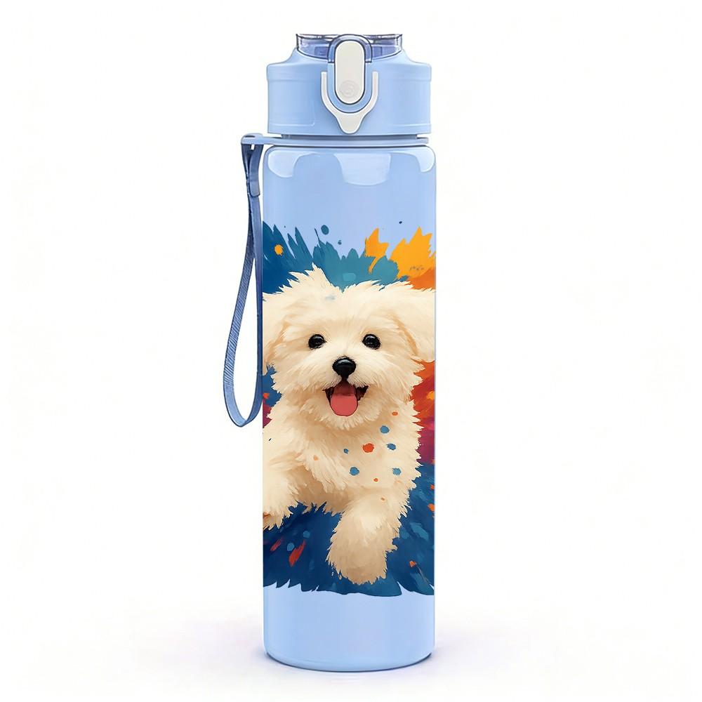 1PC White Puppy Color Splash Art 750ml Color Plastic Sports Water Bottle Leakproof Flip Straw Lid For Sports Office Home Use