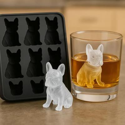 Französische Bulldogge Eiswürfelform Flexible Silikonform mit Sicherheitsdeckel Neuartige Tierform 3D Eiswürfelbereiter für Whiskey Cocktails Saft Lustiger Bulldoggenliebhaber