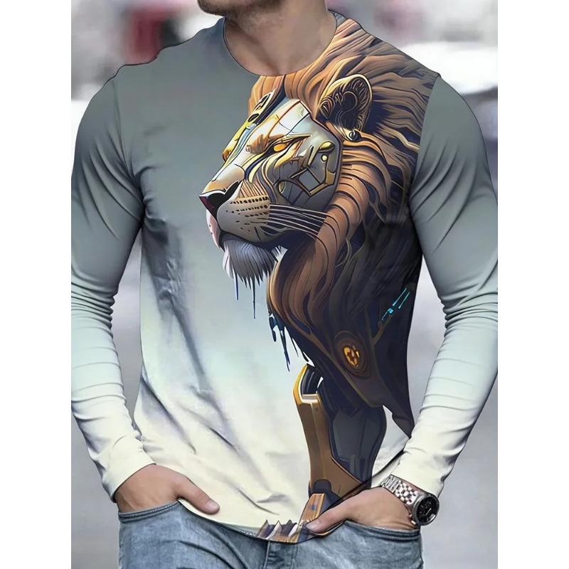 Autumn and Winter Men's Animal 3D Printed Crew Neck Long Sleeve T-Shirt