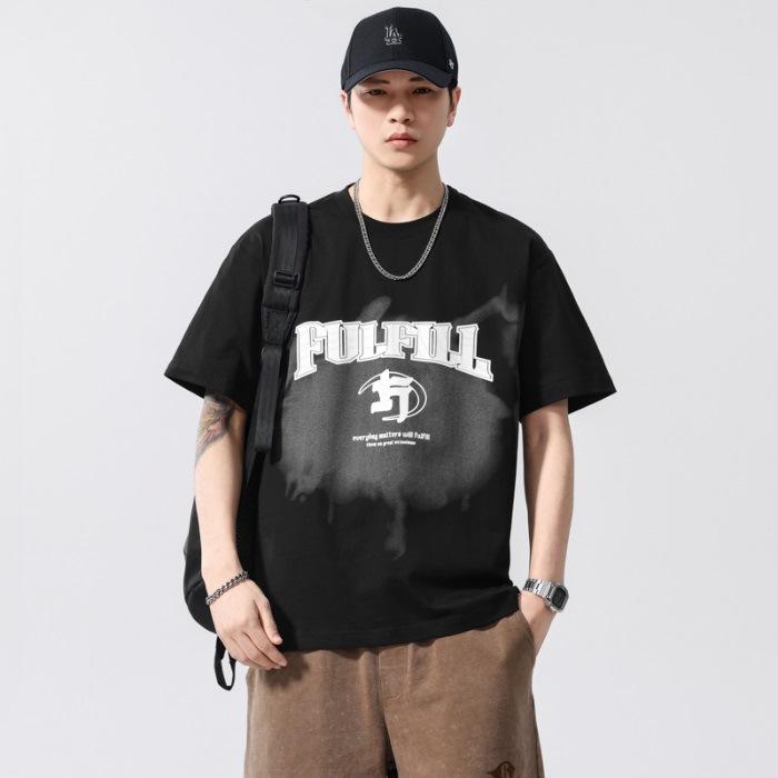 

Новая летняя футболка с коротким рукавом, модная, универсальная, с охлаждающим эффектом, из чистого хлопка, с принтом 4XL чёрный