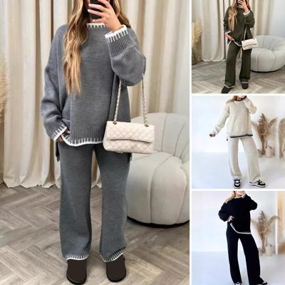 2 Pcs/Set Winter Sweater Pants Set O Neck Loose Knit Thick Long Sleeves Sweater Wide Leg Warm Trousers Daily Outfit School Homewear Sport Clothes