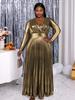 Gouden Geplooide V-hals Plus Size Elegante Banketjurk met Geknepen Taille en Lange Mouwen