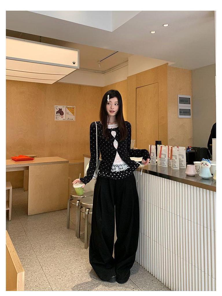Women's Slimming Lace Long Sleeve Polka Dot T-Shirt - Black & White, Korean Style, Spring Collection