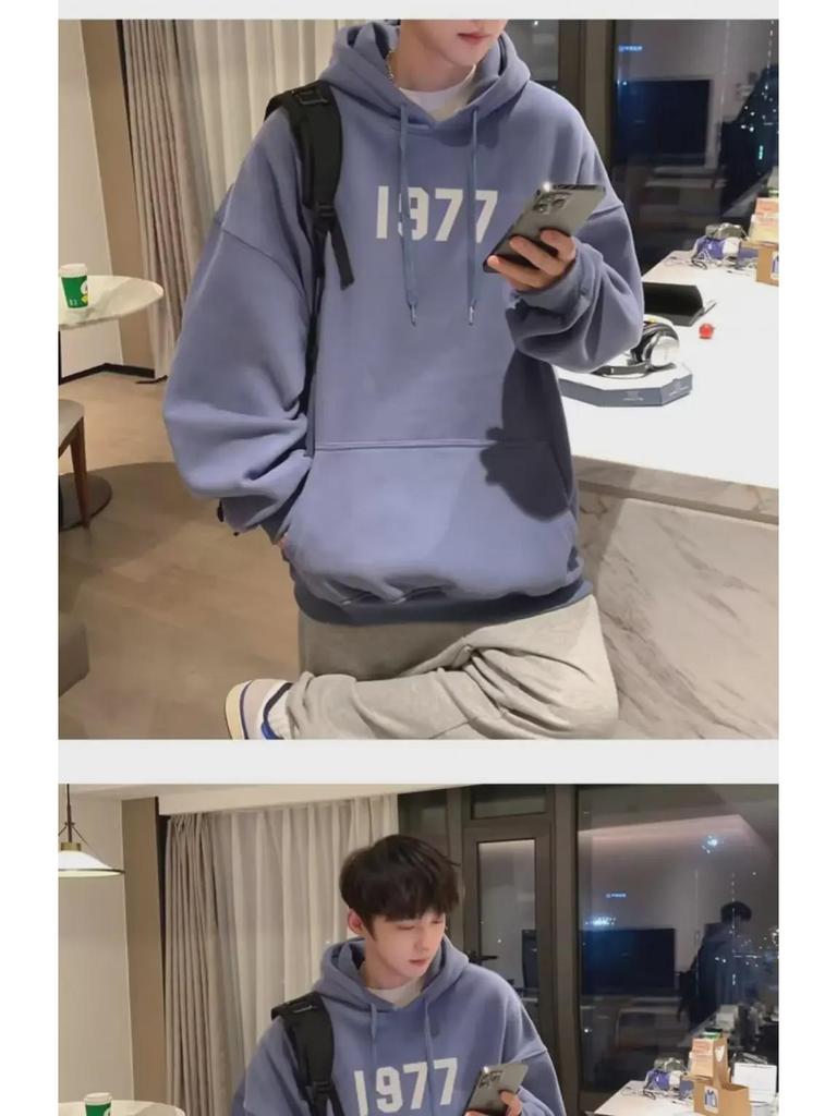 1977 American Fashion Men's Oversized Hooded Sweatshirt - Spring/Autumn, Heavy Velvet, High Street Couple Style.