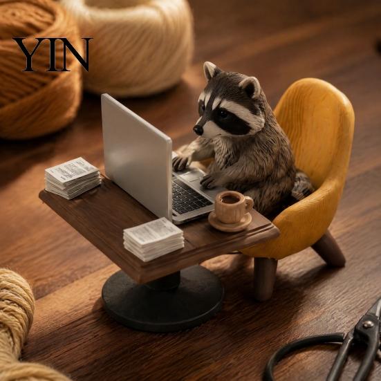 Fun Gifts for Colleagues Highland Cow/Raccoon Office Theme Ornament, Miniature Animal Desktop Decoration with Realistic Workplace Stress Relief Laptop