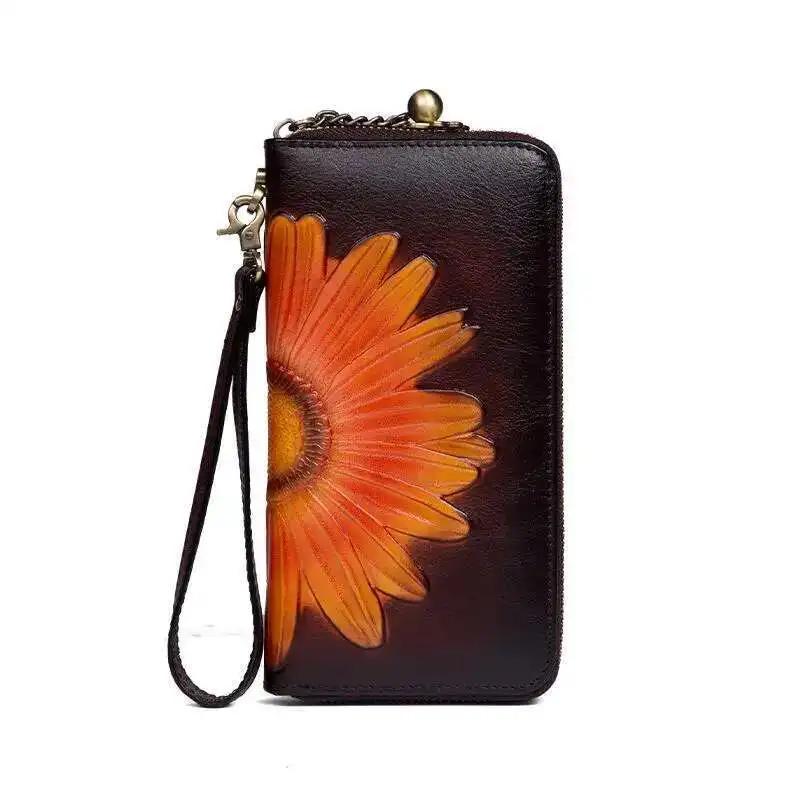 

Women s Leather Wallet Handmade Cowhide Clutch Purse Long Zipper Card Holder Retro Painting First Layer Genuine Bag