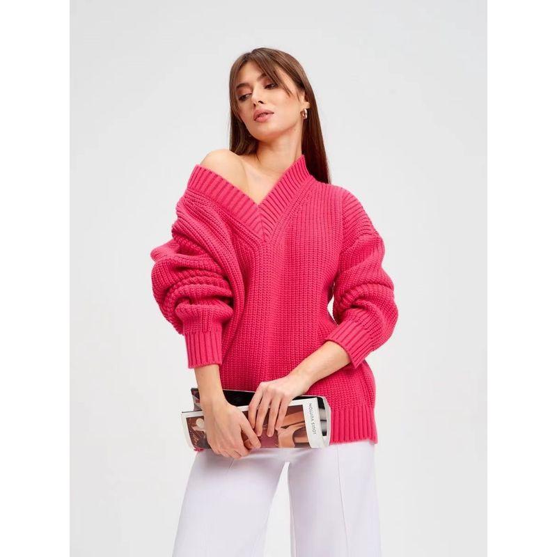 

Модный осенне-зимний женский новый модный свитер с V-образным вырезом свободного кроя Свитер с V-образным вырезом свободного кроя Watermelon Red L