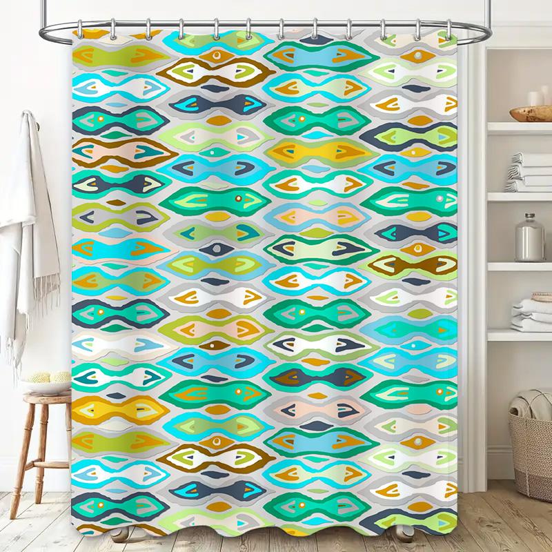 Brightly Colored Geometric Shower Curtain for Bathroom Decor Modern Waterproof Fabric with Hook Rings Set (Blue/White/Green)