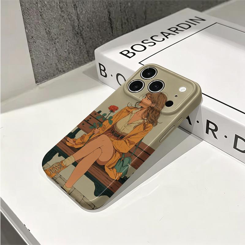 Vintage Lady Red Rose Park Bench Graphic Art Film Aesthetic Protective Shockproof Bumper Phone Case For iPhone 14 15 16 Pro Max Plus