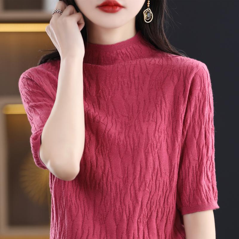 Women Knit T-shirt Summer Knitted Shirt Short Sleeve Tees Spring Pullover Knit Tops