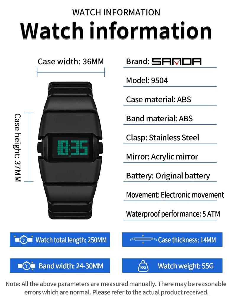 SANDA 9504 Luxury Men's Digital Multi Functional Night Light Timer Calendar Outdoor Sports Waterproof Student Electronic Watch