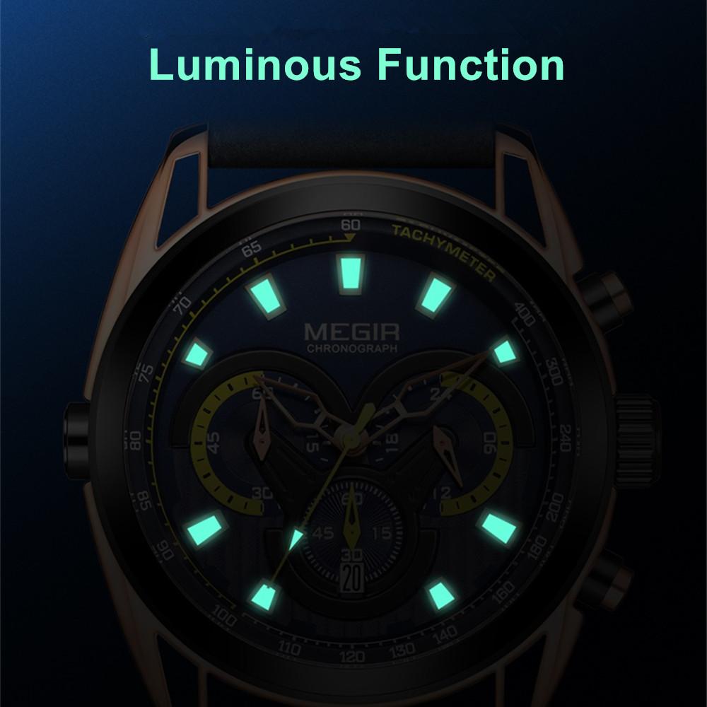 Megir Rose Black Luxury Chronograph Men Watches with Leather Strap