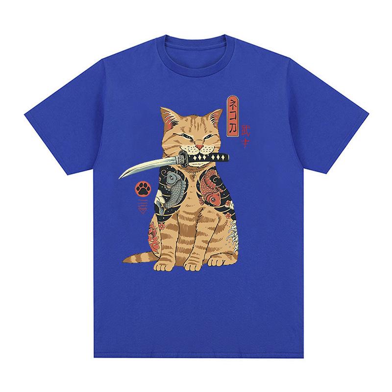 Funny Cotton Japanese Samurai Cat T Shirt Lover T Shirts Cat T-Shirts Retro Casual Short Sleeve Tshirt Unisex Women Clothes