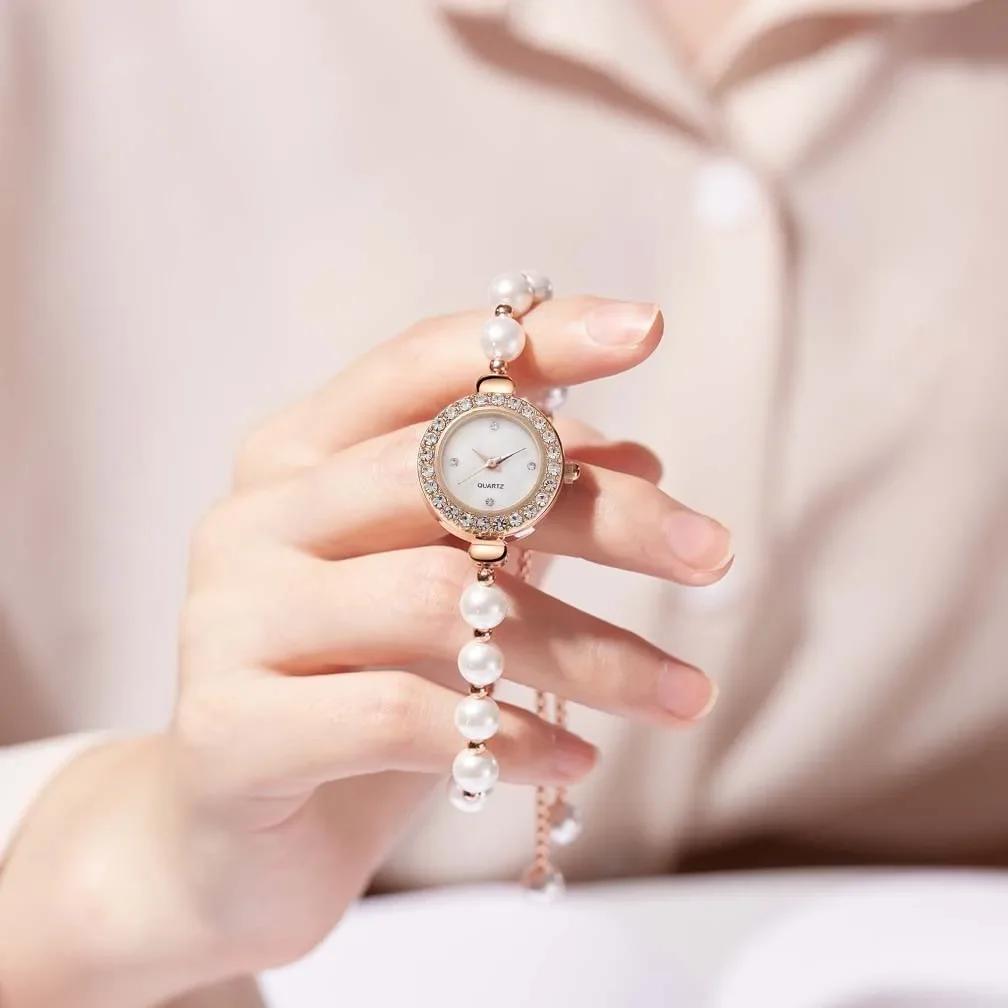 Ladies' white bead bracelet, compact and exquisite with diamond inlaid case, simple rhinestone dial, fashionable quartz watch