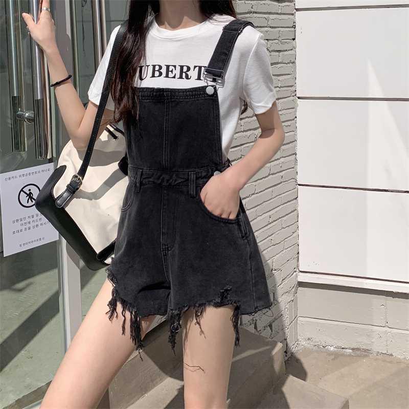 Women's High Waist Ripped Denim Overall Shorts - Retro Wide-Leg, Raw Hem, Age-Reducing Hong Kong Style