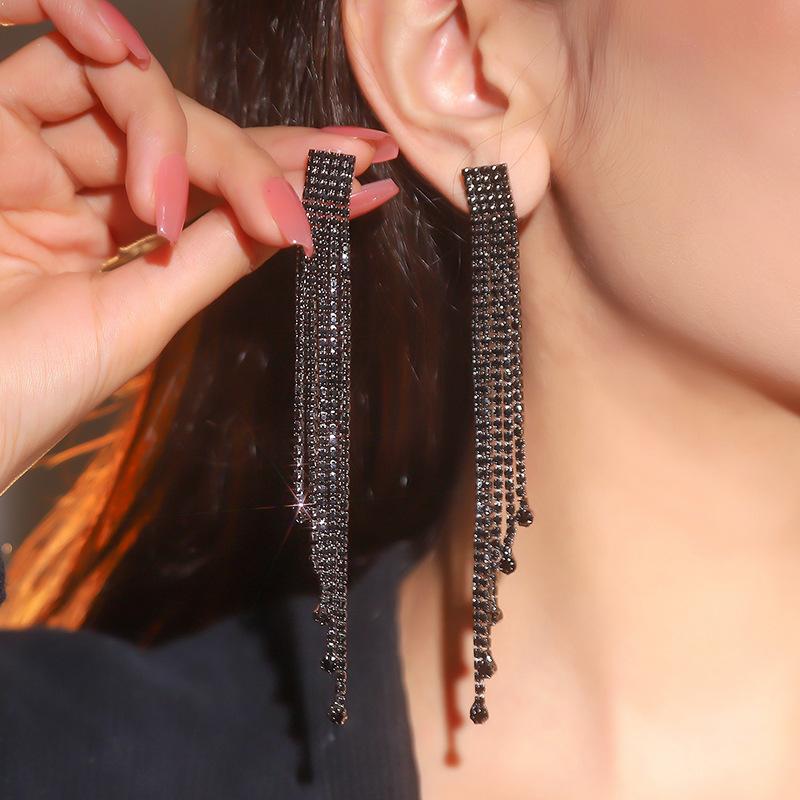 Full Diamond Black Long Fringed Earrings Rhinestone Earrings Diamond Earrings Pendant