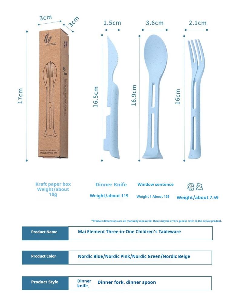 1pc Nordic Style Wheat Straw Children's Knife, Fork, and Spoon 3-in-1 Portable Cutlery Set