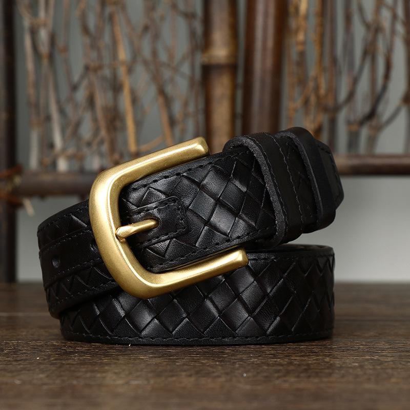 Pásek Pánský trendy retro a módní opasek první vrstvy z čistého dobytku Tkaná kůže Mosazná přezka Tkaný denim
