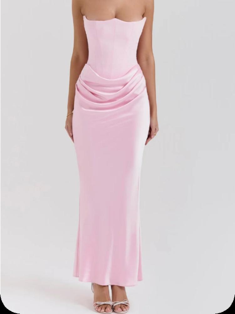 

Елегантна вечірня сукня-русалка без бретелей з рюшами на талії - Доступна в кольорах нюд, чорному, білому, червоному XL рожевий