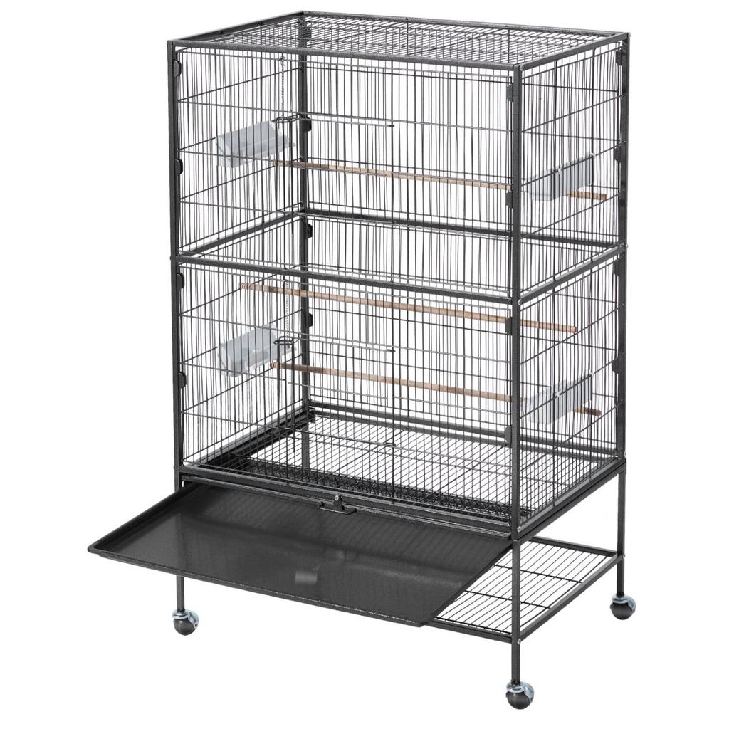 Bird Cage, 800 x 520 x 1320mm, Flat Top, Wrought Iron Bird Flight Cage with Perches, Slide-Out Tray and Plastic Feeders, Casters, for Parrot, Blue